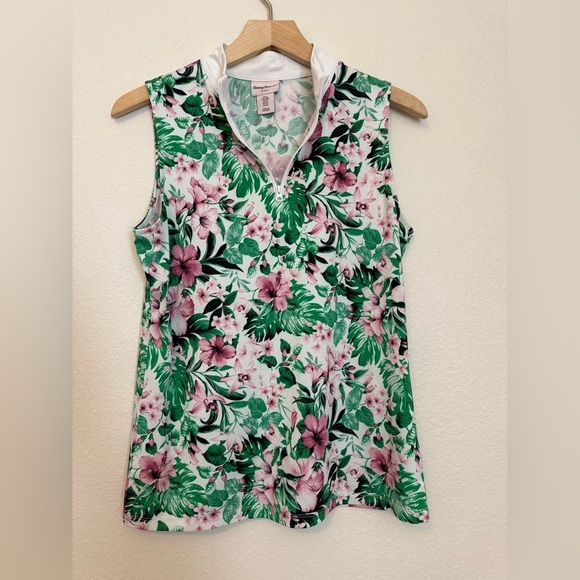 TOMMY BAHAMA Pink Green Sands Floral Sleeveless Mock Golf Shirt - Picture 2 of 6